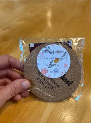 Cork Coasters - Individually wrapped to include a tea bag Perfect gifts for students at a Bible seminar