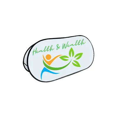 4.13ft x 2ft Custom printed car sunshade displaying 'Health & Wealth' with a graphic of a human figure and leaves, likely for promotional purposes.