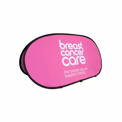 4.92ft x 2.3ft A pop-up banner with text 'breast cancer care - the breast cancer support charity' on a pink background, for promotional or informational display.