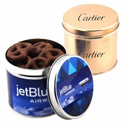 Round Tin with Choc Covered Pretzels - Custom Banners Now