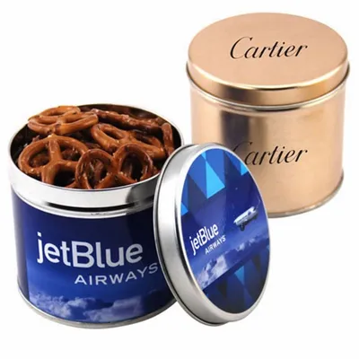 Round Tin with Mini Pretzels - Custom Banners Now