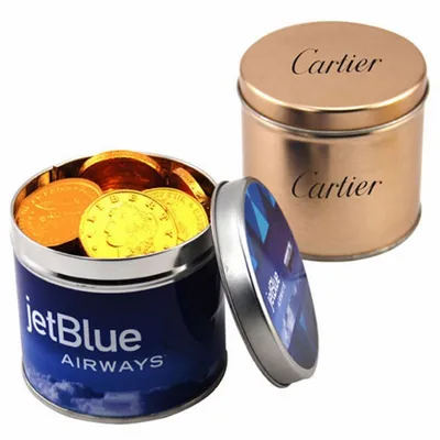 Round Tin with Chocolate Coins - Custom Banners Now