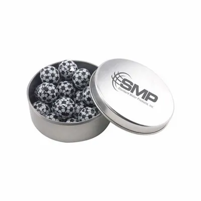 Round Tin with Chocolate Soccer Balls - SBF3000 - Custom Banners Now