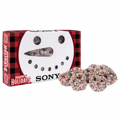 Snowman Die Cut Box with Milk Chocolate Christmas Mini Pretzels - Custom Banners Now
