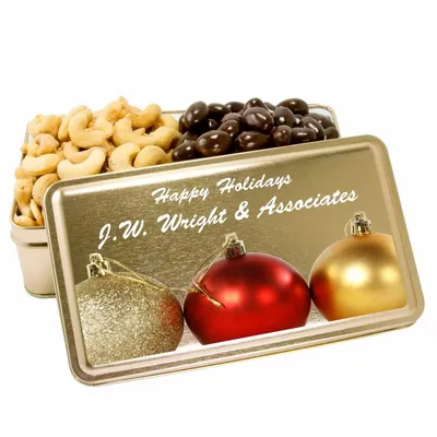 2-Share Tin - Salted Cashews/Dark Chocolate Almonds - Custom Banners Now