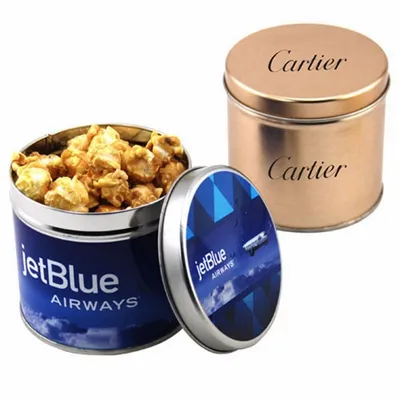 Round Tin with Caramel Popcorn - Custom Banners Now