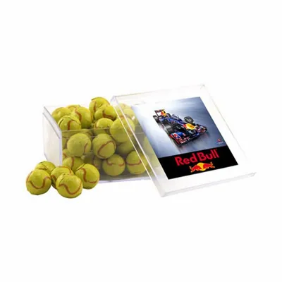 Acrylic Box with Chocolate Tennis Balls - Large - Custom Banners Now