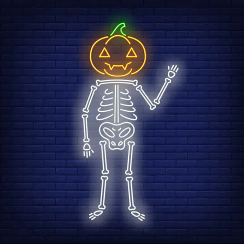 Skeleton with Pumpkin Head Neon Sign - Custom Banners Now