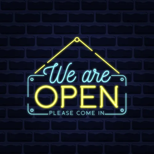 We Are Open Blue and Yellow Neon Sign - Custom Banners Now
