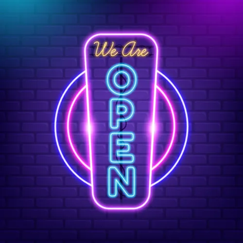 We are Open Vertical Neon Sign - Custom Banners Now
