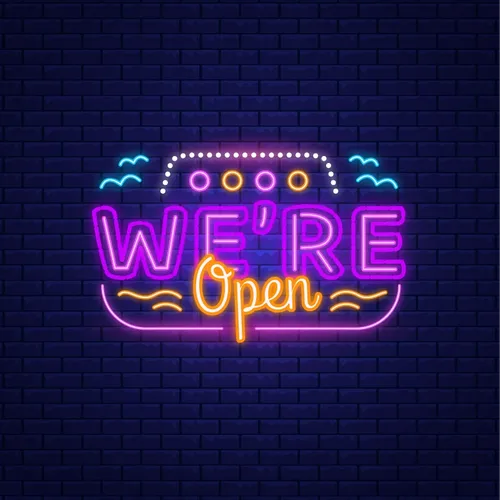 We're Open with Wave Lines Neon Sign - Custom Banners Now