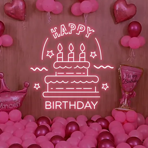 Big Happy Birthday Text with Cake Neon Sign - Custom Banners Now