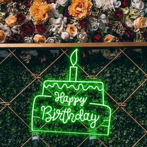 Happy Birthday Text in Big Cake Neon Sign - Custom Banners Now
