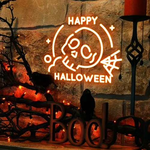 Happy Halloween Skull Neon Sign - Custom Banners Now