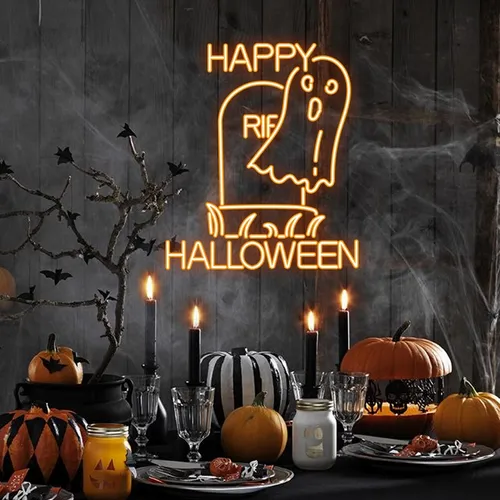 Happy Halloween Ghost Neon Sign - Custom Banners Now