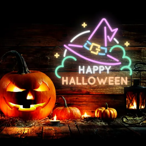 Happy Halloween Hat Neon Sign - Custom Banners Now