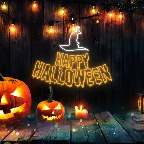 Happy Halloween Witch Hat Neon Signs - Custom Banners Now