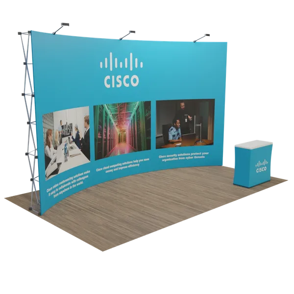A Cisco-branded trade show booth display with vibrant graphics, showcasing technology solutions and security services, set in an exhibition space.