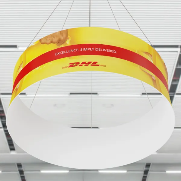 A curved advertising banner with the DHL logo and slogan 'EXCELLENCE. SIMPLY DELIVERED.' hangs indoors, possibly within a corporate or commercial setting.