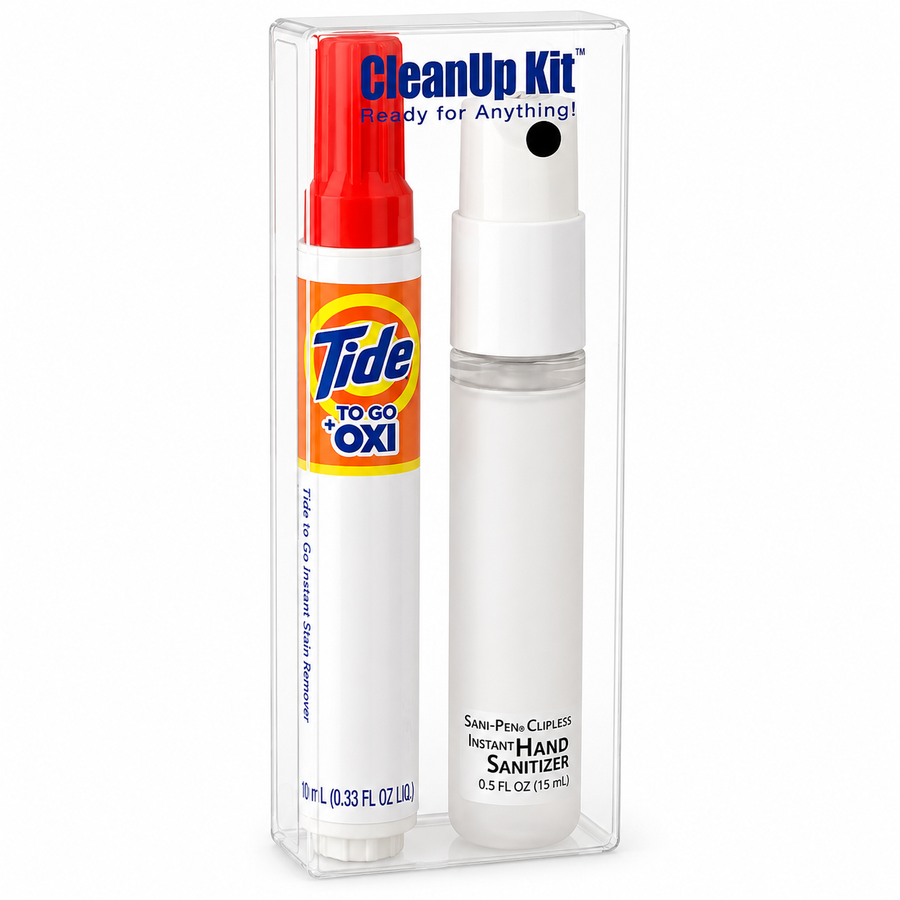 CleanUp Kit - Tide® to Go + Oxi and Sani-Pen® Clipless™ Travel Kits - Custom Banners Now